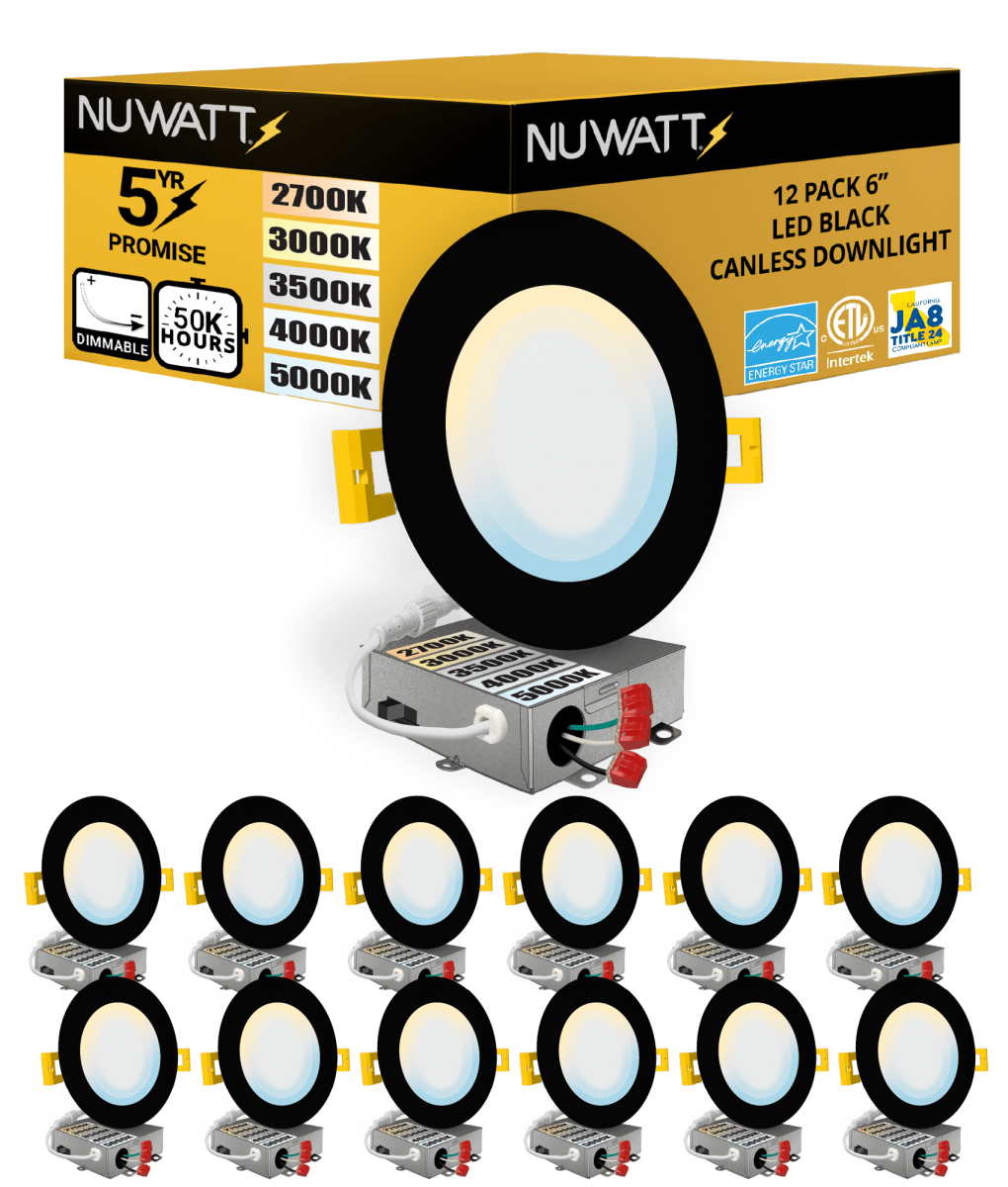 6" Inch Black Canless Recessed Lighting Slim LED Wafer Lights - Wet Rated - 5CCT 2700K-5000K - 1050LM