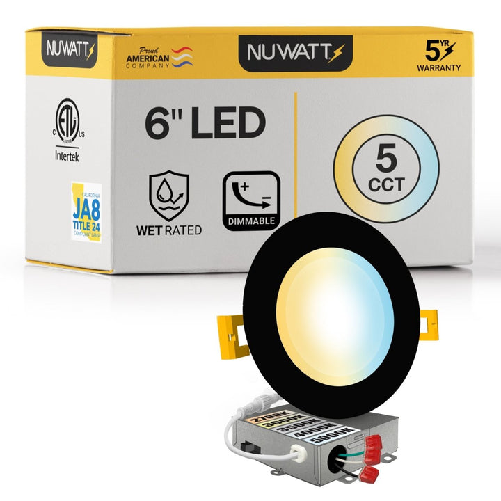 6" Inch Black Canless Recessed Lighting Slim LED Wafer Lights - Wet Rated - 5CCT 2700K-5000K - 1050LM