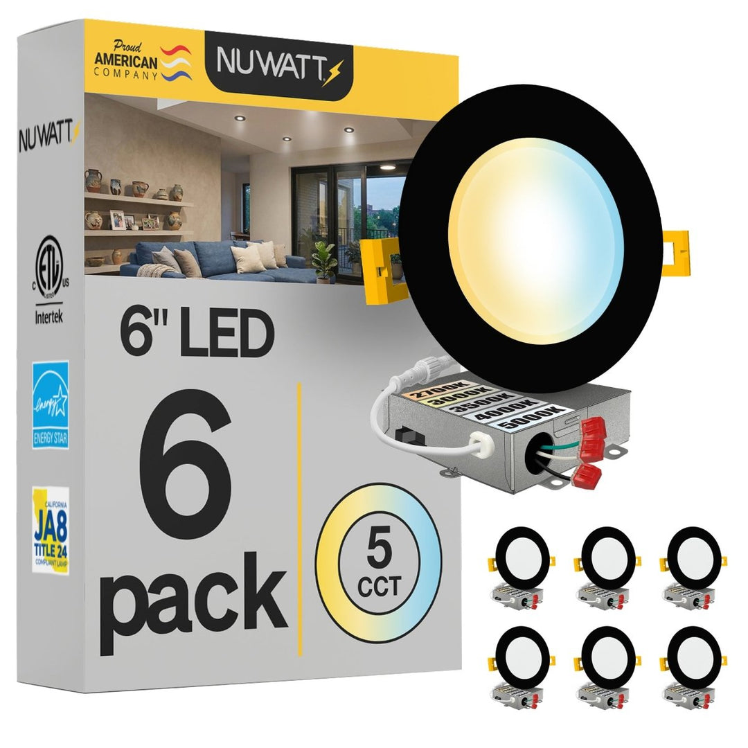 6" Inch Black Canless Recessed Lighting Slim LED Wafer Lights - Wet Rated - 5CCT 2700K-5000K - 1050LM