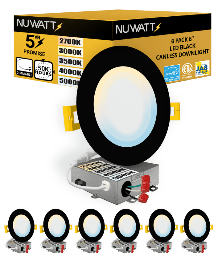 6" Inch Black Canless Recessed Lighting Slim LED Wafer Lights - Wet Rated - 5CCT 2700K-5000K - 1050LM