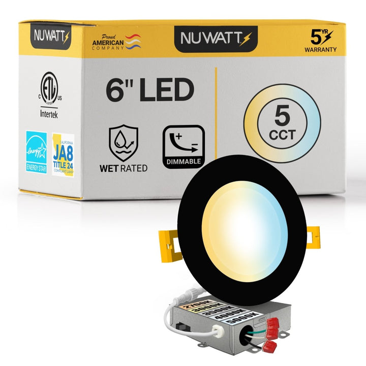 6" Inch Black Canless Recessed Lighting Slim LED Wafer Lights - Wet Rated - 5CCT 2700K-5000K - 1050LM
