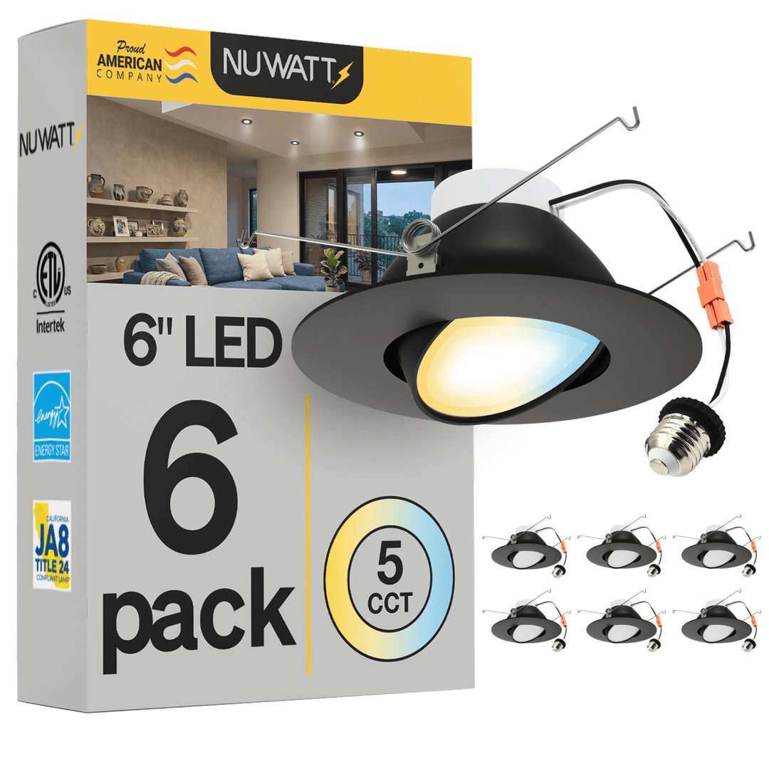 6 Inch Black LED Gimbal Recessed Lighting for Sloped Ceilings - 5CCT 2700-5000K - 1200LM - CRI 90 Adjustable Can Lights - 16W - Wet Rated - Aluminum Housing
