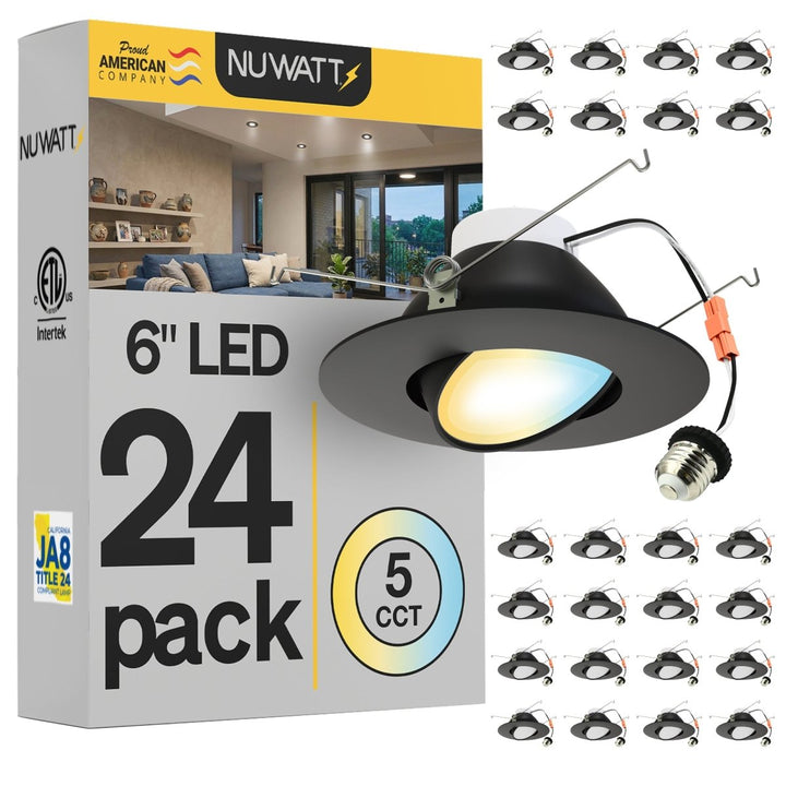6 Inch Black LED Gimbal Recessed Lighting for Sloped Ceilings - 5CCT 2700-5000K - 1200LM - CRI 90 Adjustable Can Lights - 16W - Wet Rated - Aluminum Housing