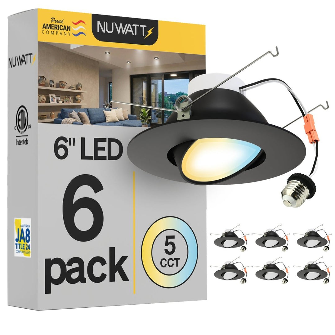 6 Inch Black LED Gimbal Recessed Lighting for Sloped Ceilings - 5CCT 2700-5000K - 1200LM - CRI 90 Adjustable Can Lights - 16W - Wet Rated - Aluminum Housing