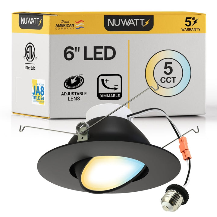 6 Inch Black LED Gimbal Recessed Lighting for Sloped Ceilings - 5CCT 2700-5000K - 1200LM - CRI 90 Adjustable Can Lights - 16W - Wet Rated - Aluminum Housing