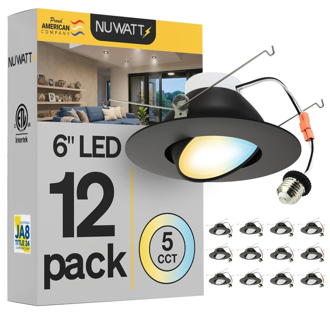 6 Inch Black LED Gimbal Recessed Lighting for Sloped Ceilings - 5CCT 2700-5000K - 1200LM - CRI 90 Adjustable Can Lights - 16W - Wet Rated - Aluminum Housing