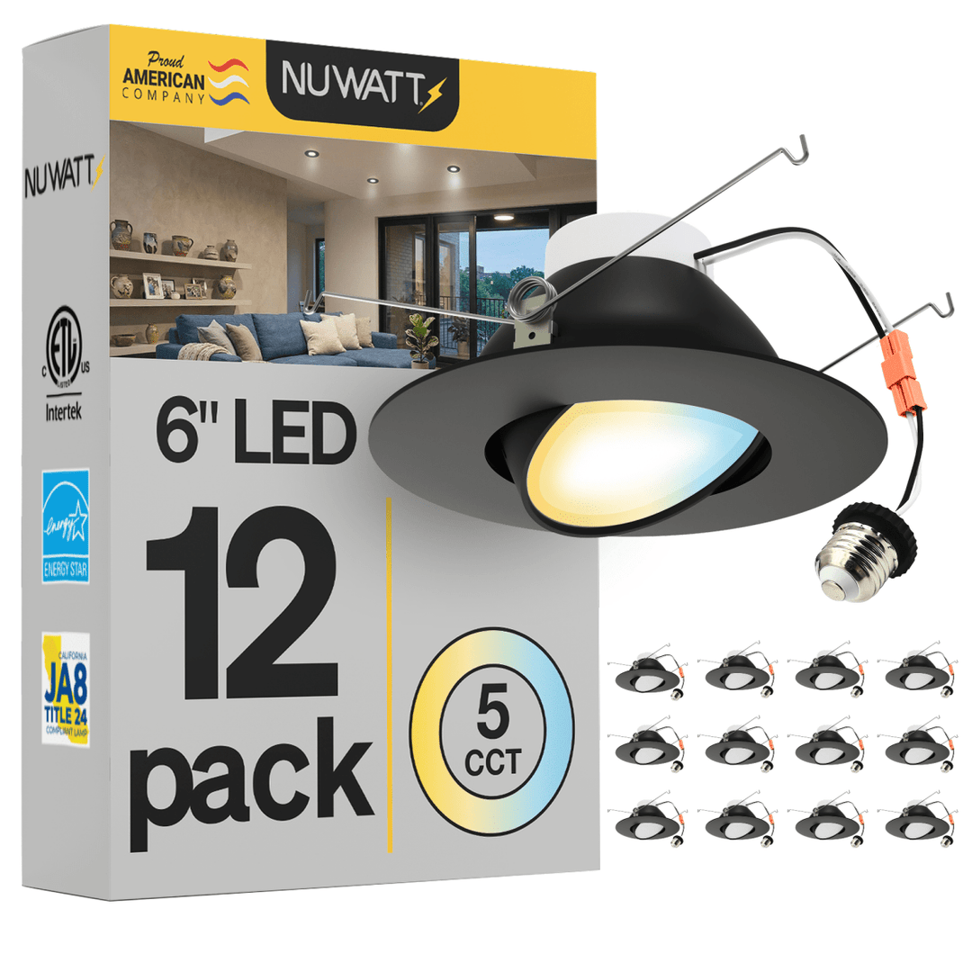 6 Inch Black LED Gimbal Recessed Lighting for Sloped Ceilings - 5CCT 2700-5000K - 1200LM - CRI 90 Adjustable Can Lights - 16W - Wet Rated - Aluminum Housing