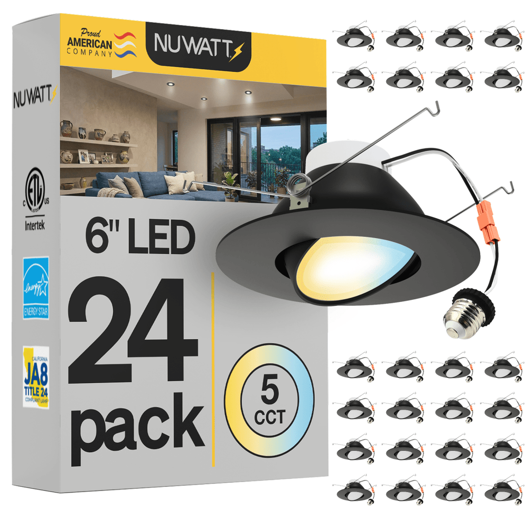 6 Inch Black LED Gimbal Recessed Lighting for Sloped Ceilings - 5CCT 2700-5000K - 1200LM - CRI 90 Adjustable Can Lights - 16W - Wet Rated - Aluminum Housing