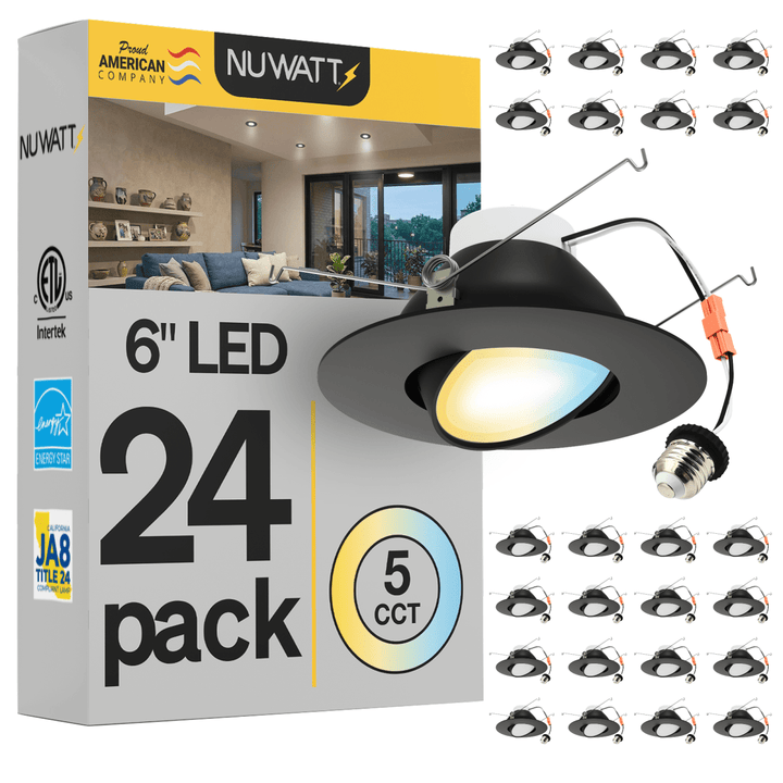 6 Inch Black LED Gimbal Recessed Lighting for Sloped Ceilings - 5CCT 2700-5000K - 1200LM - CRI 90 Adjustable Can Lights - 16W - Wet Rated - Aluminum Housing