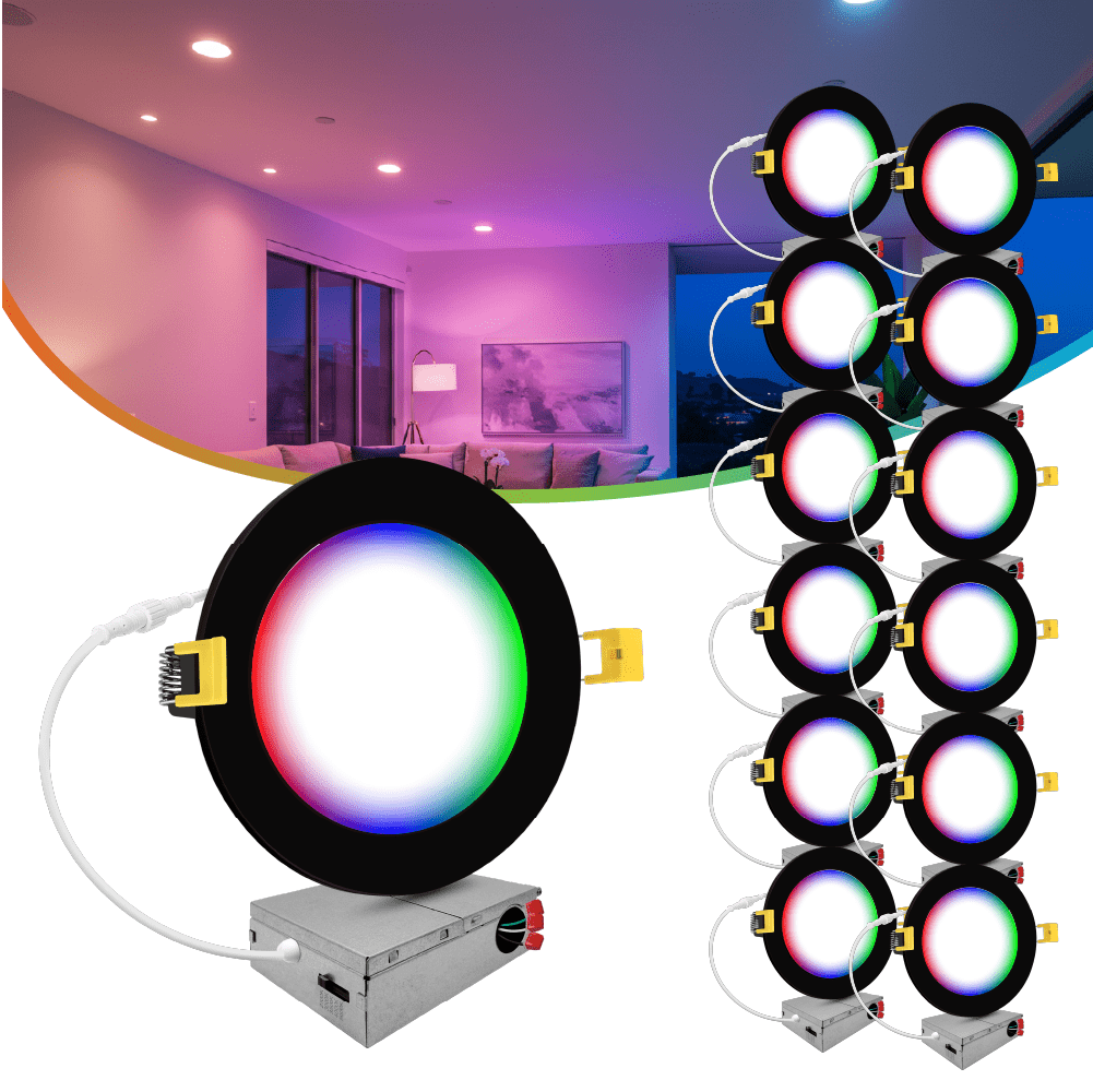 6" Inch Black Smart Downlights RGB Color Changing Recessed Lights Canless LED - Wet Rated - 1000LM