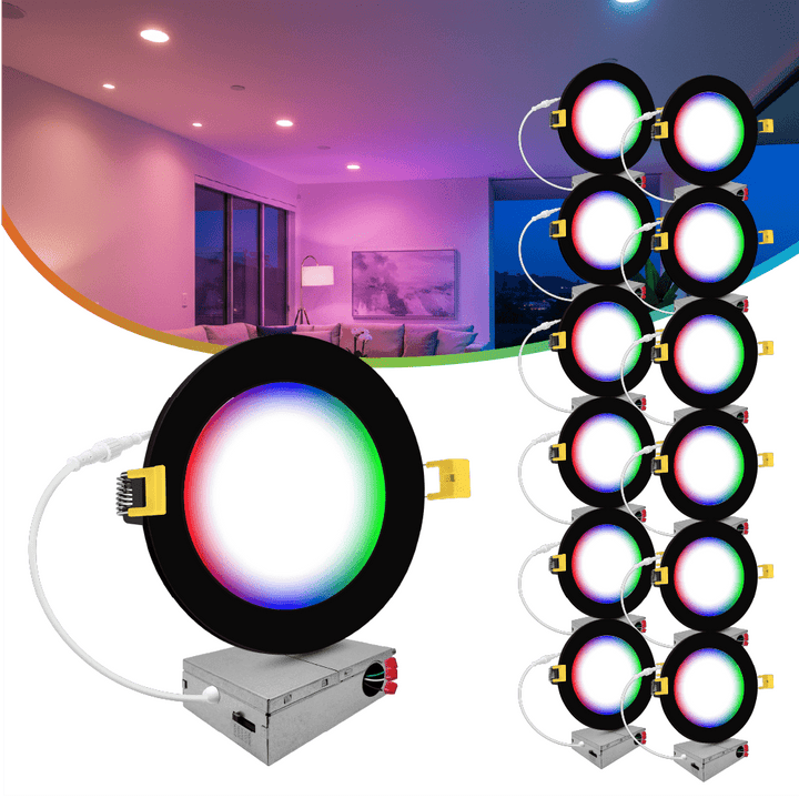 6" Inch Black Smart Downlights RGB Color Changing Recessed Lights Canless LED - Wet Rated - 1000LM
