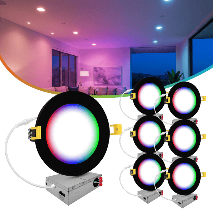 6" Inch Black Smart Downlights RGB Color Changing Recessed Lights Canless LED - Wet Rated - 1000LM