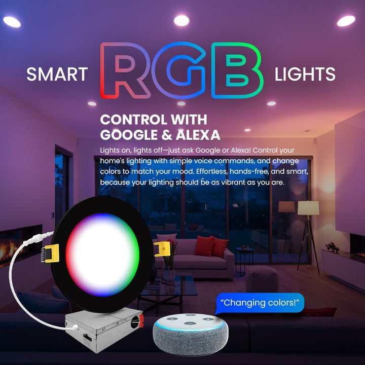 6" Inch Black Smart Downlights RGB Color Changing Recessed Lights Canless LED - Wet Rated - 1000LM