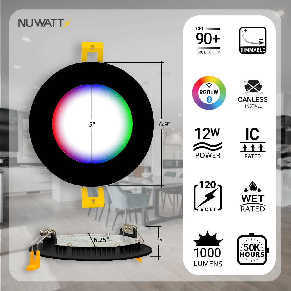 6" Inch Black Smart Downlights RGB Color Changing Recessed Lights Canless LED - Wet Rated - 1000LM