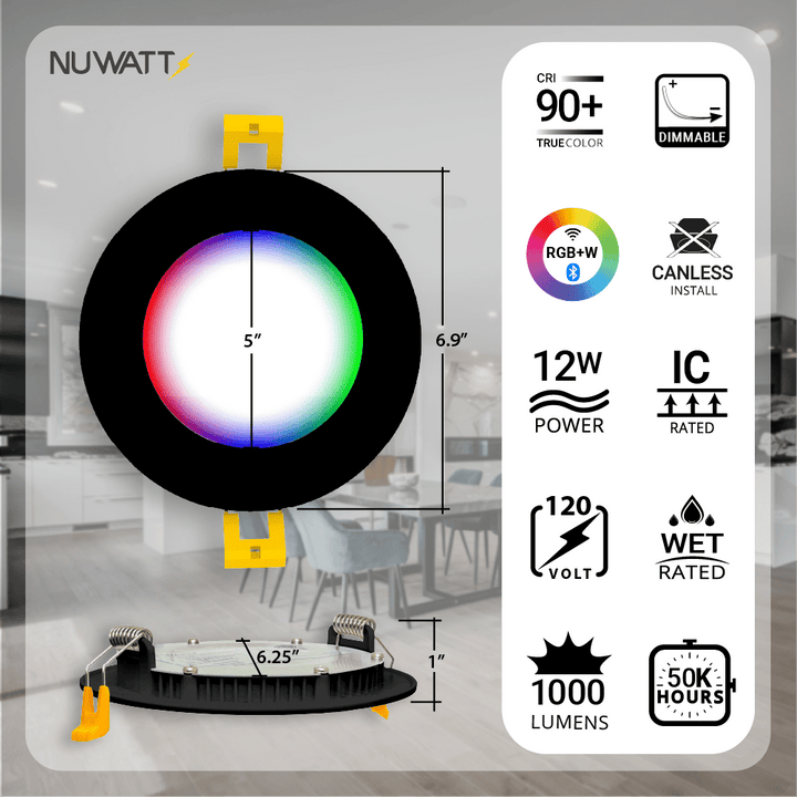 6" Inch Black Smart Downlights RGB Color Changing Recessed Lights Canless LED - Wet Rated - 1000LM