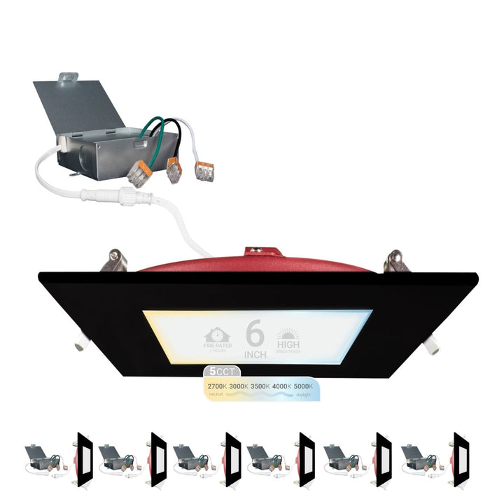 6" Inch Square Black 2 Hour Fire Rated Recessed Light Slim Canless LED Wafer Lights - Wet Rated - 5CCT 2700K-5000K - 1200LM