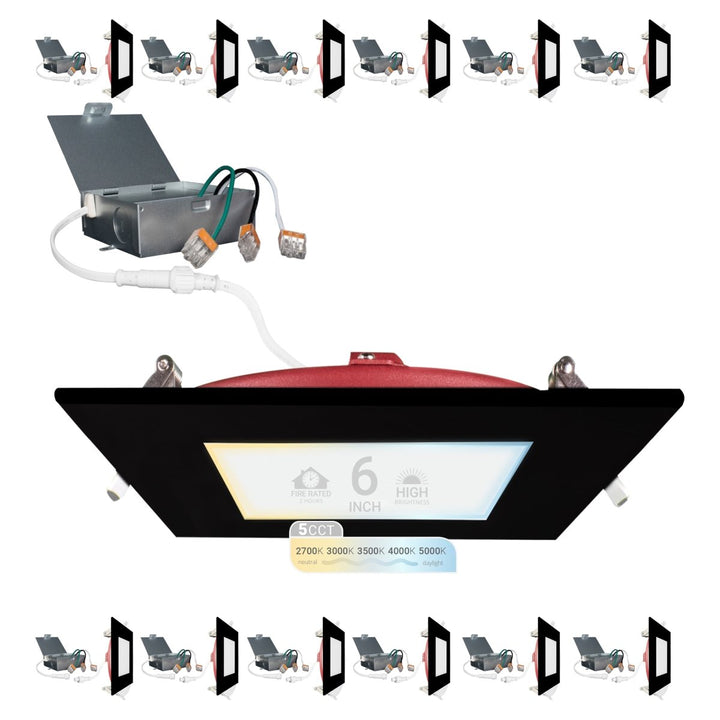 6" Inch Square Black 2 Hour Fire Rated Recessed Light Slim Canless LED Wafer Lights - Wet Rated - 5CCT 2700K-5000K - 1200LM