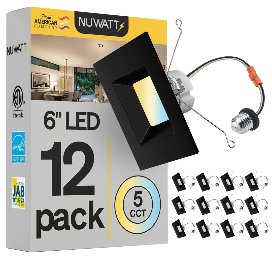 6" Inch Black Square Recessed Lighting Retrofit Can Lights - Wet Rated - 5CCT 2700K-5000K - 1100LM
