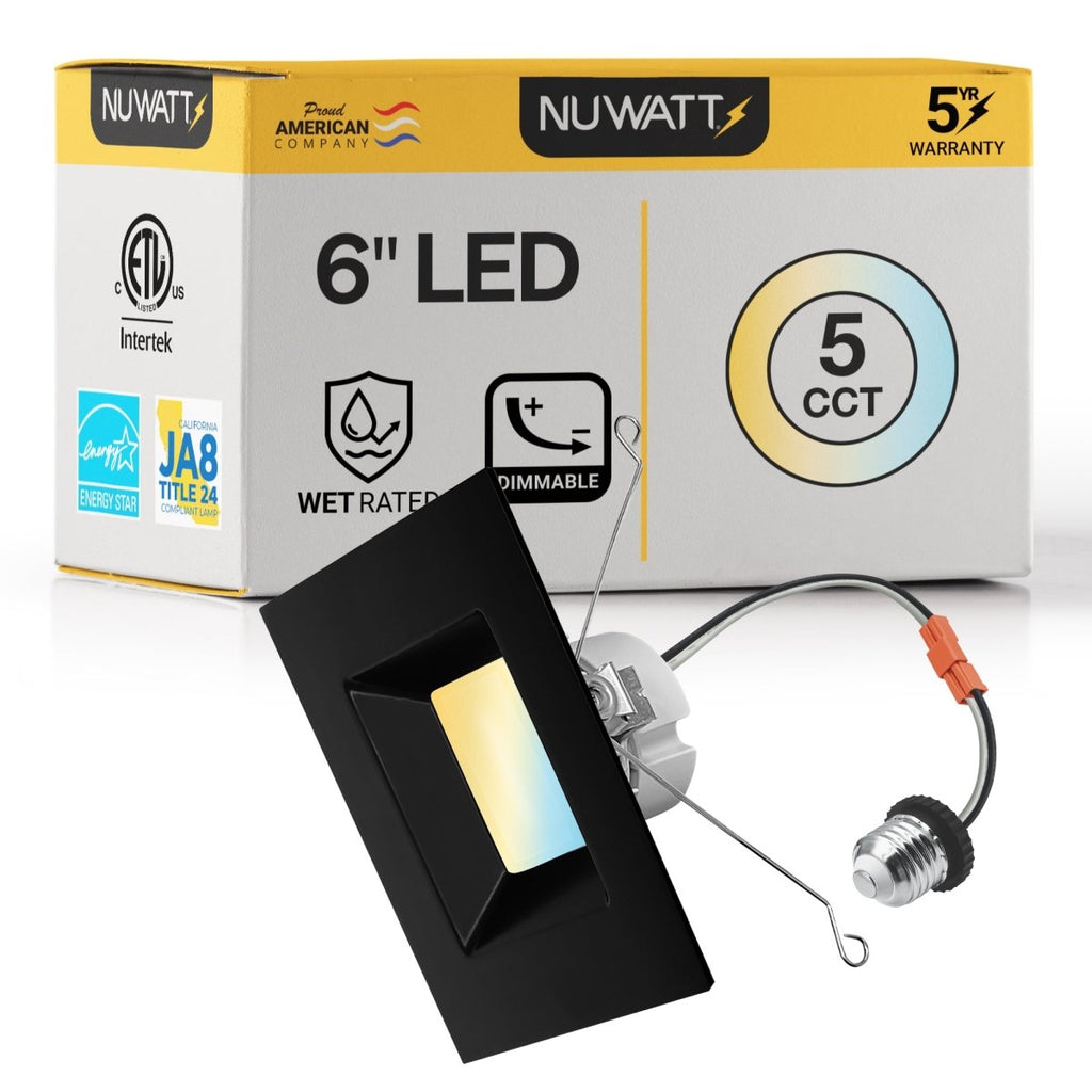 6" Inch Black Square Recessed Lighting Retrofit Can Lights - Wet Rated - 5CCT 2700K-5000K - 1100LM