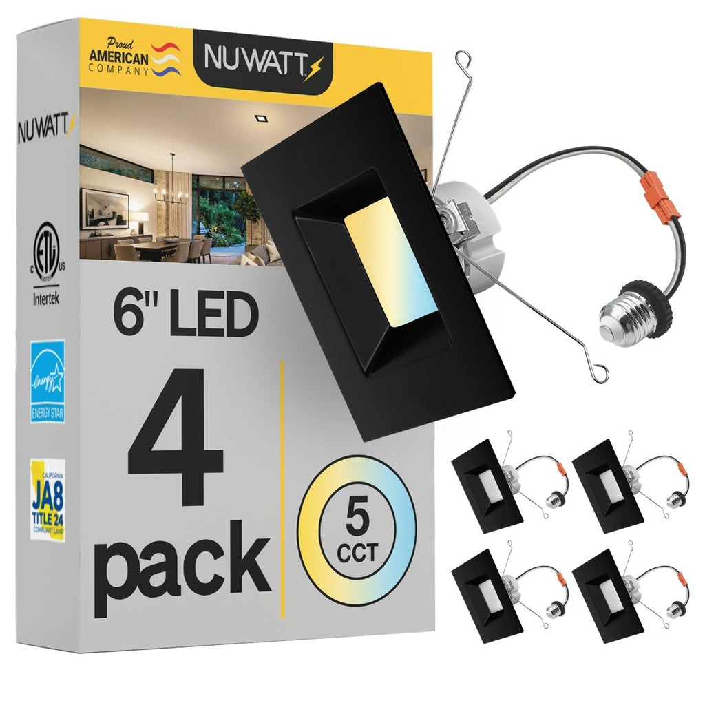 6" Inch Black Square Recessed Lighting Retrofit Can Lights - Wet Rated - 5CCT 2700K-5000K - 1100LM