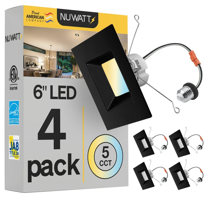 6" Inch Black Square Recessed Lighting Retrofit Can Lights - Wet Rated - 5CCT 2700K-5000K - 1100LM