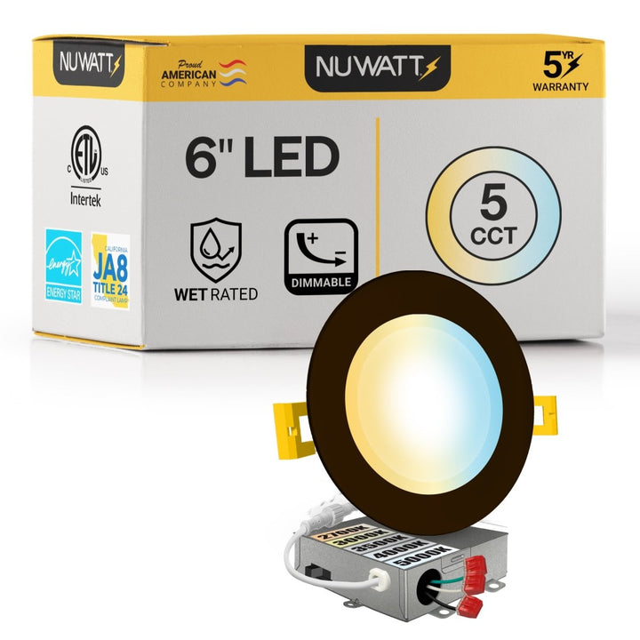 6" Inch Bronze Canless Recessed Lighting Slim LED Wafer Lights - Wet Rated - 5CCT 2700K-5000K - 1050LM