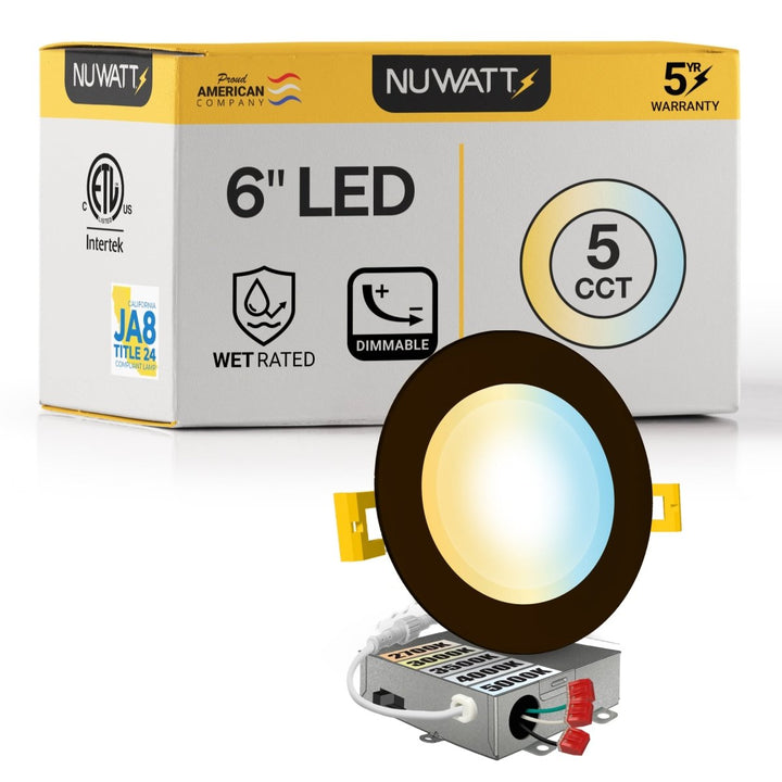 6" Inch Bronze Canless Recessed Lighting Slim LED Wafer Lights - Wet Rated - 5CCT 2700K-5000K - 1050LM