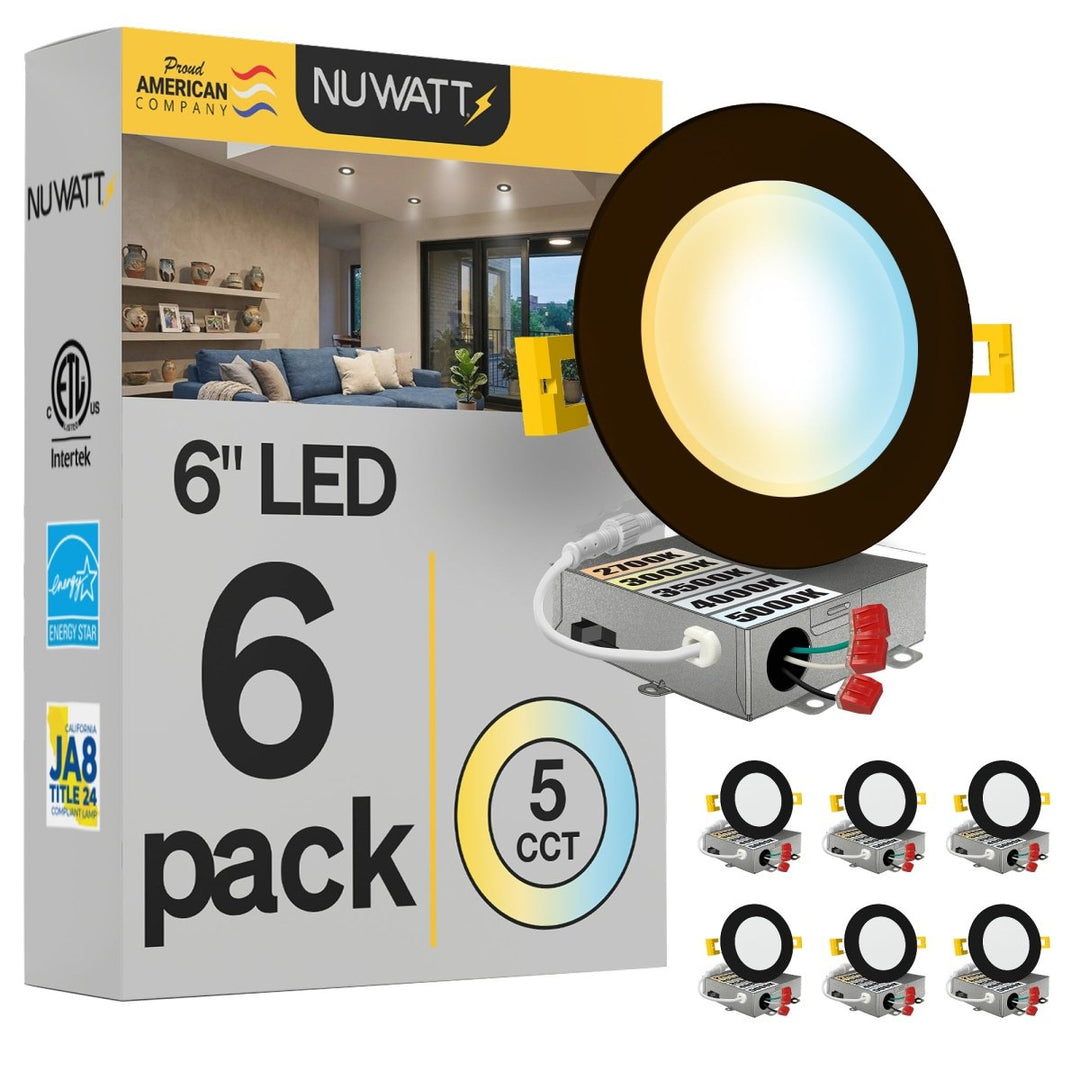 6" Inch Bronze Canless Recessed Lighting Slim LED Wafer Lights - Wet Rated - 5CCT 2700K-5000K - 1050LM