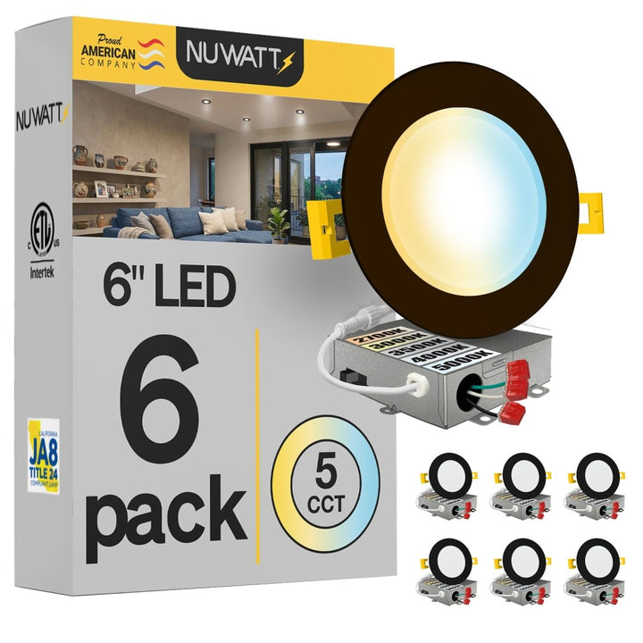 6" Inch Bronze Canless Recessed Lighting Slim LED Wafer Lights - Wet Rated - 5CCT 2700K-5000K - 1050LM