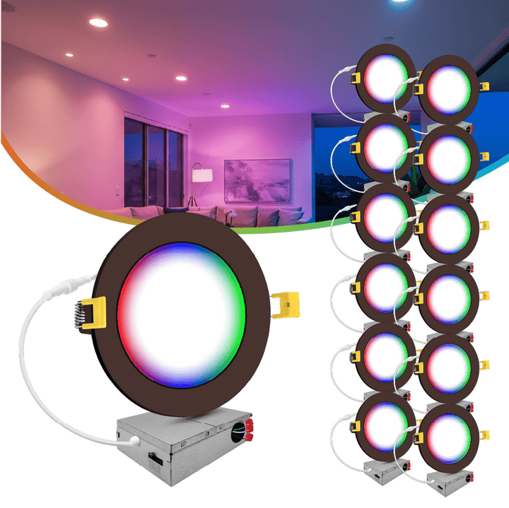 6" Inch Bronze Smart Downlights RGB Color Changing Recessed Lights Canless LED - Wet Rated - 1000LM