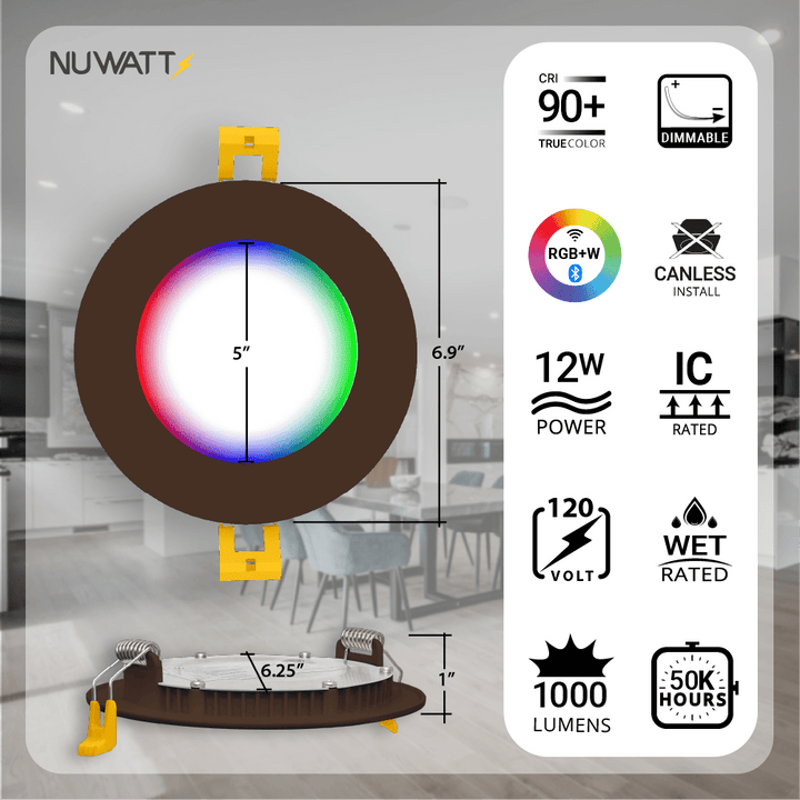 6" Inch Bronze Smart Downlights RGB Color Changing Recessed Lights Canless LED - Wet Rated - 1000LM