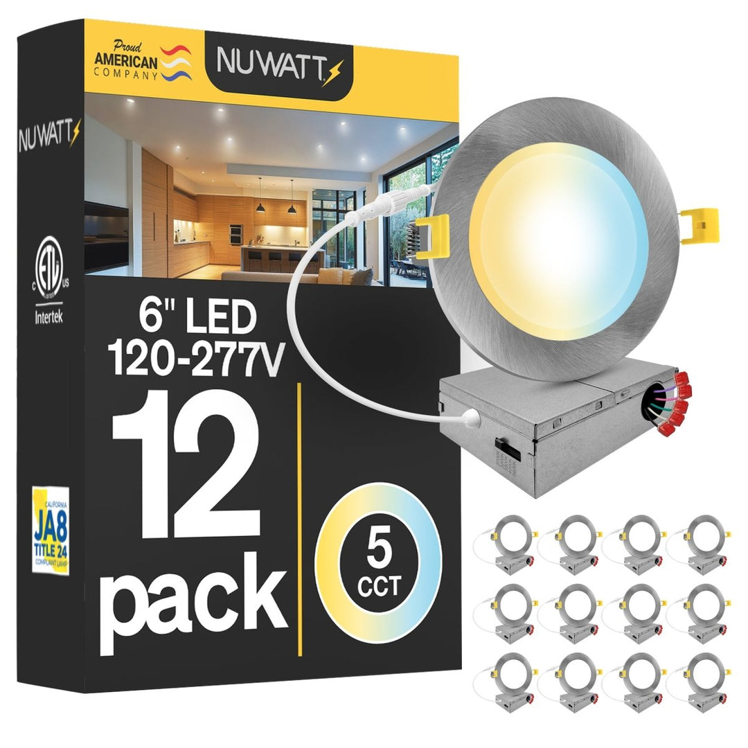 6" Inch Brushed Nickel Canless LED Recessed Lighting Slim Wafer Lights - 120-277V - Wet Rated - 5CCT 2700K-5000K - 1050LM | Nuwatt Lighting