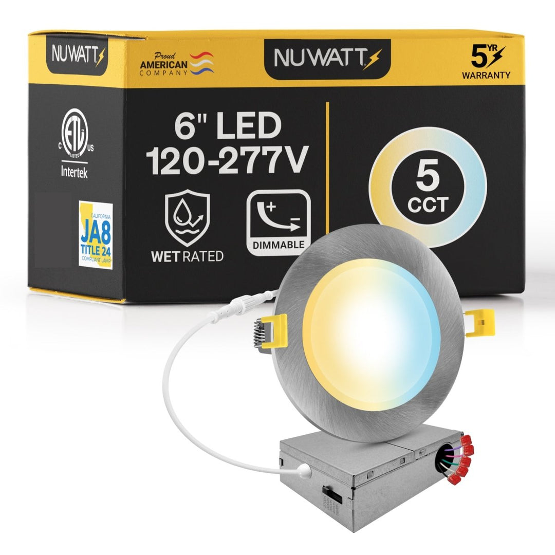 6" Inch Brushed Nickel Canless LED Recessed Lighting Slim Wafer Lights - 120-277V - Wet Rated - 5CCT 2700K-5000K - 1050LM | Nuwatt Lighting