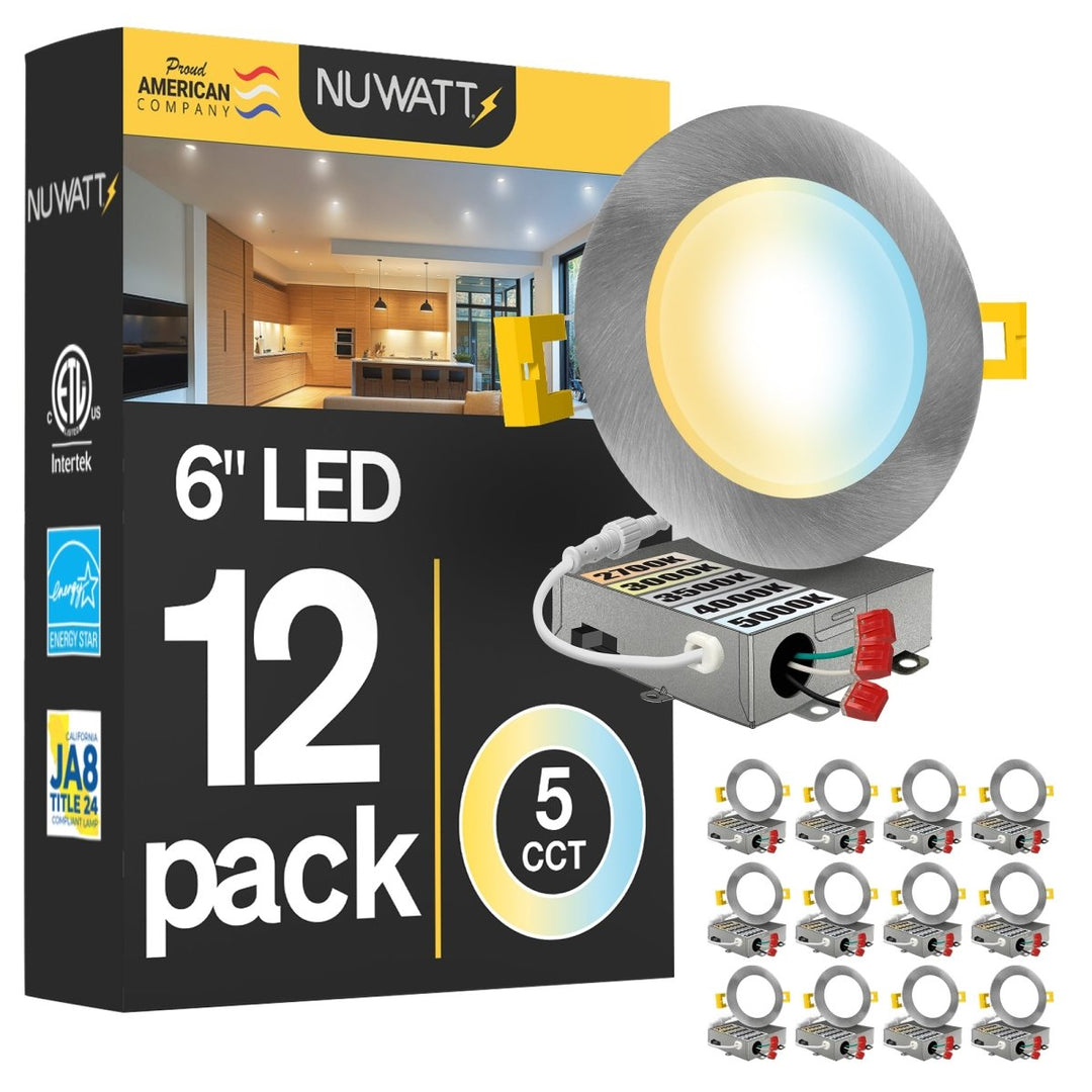 6" Inch Brushed Nickel Canless Recessed Lighting Slim LED Wafer Lights - Wet Rated - 5CCT 2700K-5000K - 1050LM