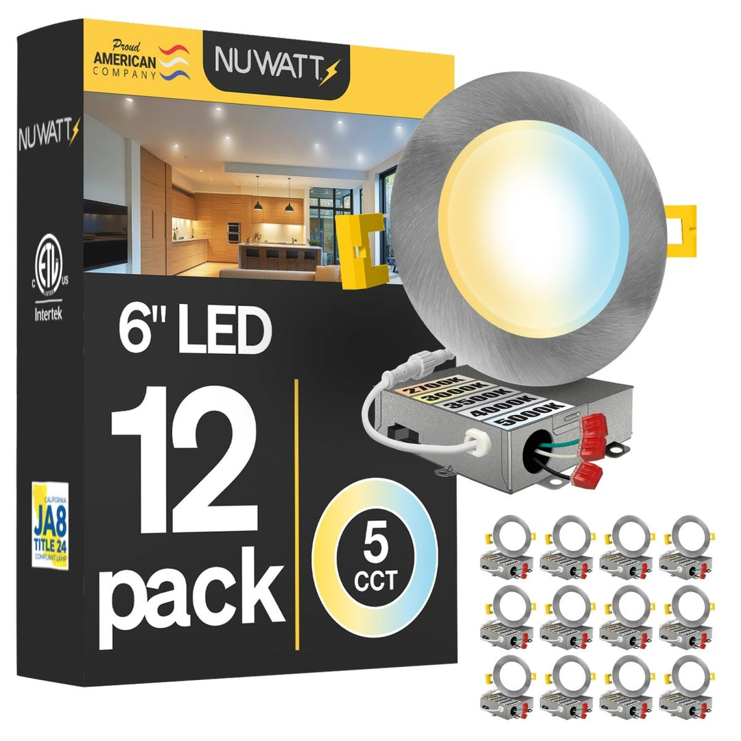 6" Inch Brushed Nickel Canless Recessed Lighting Slim LED Wafer Lights - Wet Rated - 5CCT 2700K-5000K - 1050LM