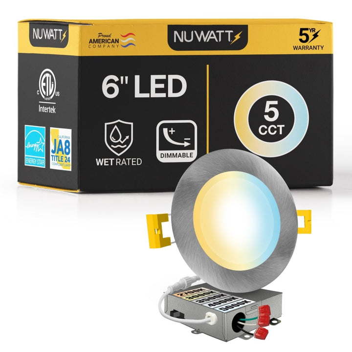 6" Inch Brushed Nickel Canless Recessed Lighting Slim LED Wafer Lights - Wet Rated - 5CCT 2700K-5000K - 1050LM