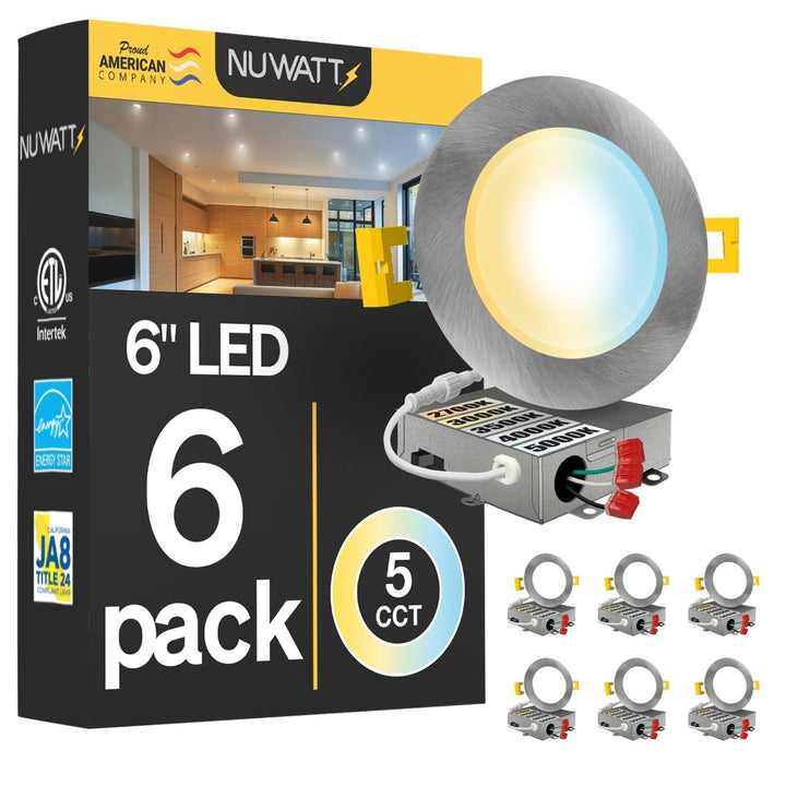 6" Inch Brushed Nickel Canless Recessed Lighting Slim LED Wafer Lights - Wet Rated - 5CCT 2700K-5000K - 1050LM