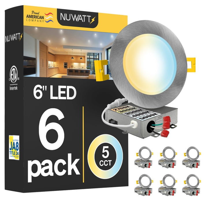 6" Inch Brushed Nickel Canless Recessed Lighting Slim LED Wafer Lights - Wet Rated - 5CCT 2700K-5000K - 1050LM