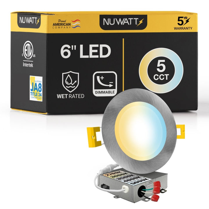 6" Inch Brushed Nickel Canless Recessed Lighting Slim LED Wafer Lights - Wet Rated - 5CCT 2700K-5000K - 1050LM