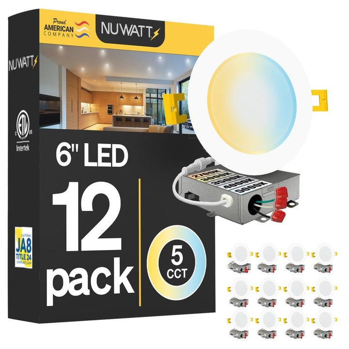 6" Inch Canless Recessed Lighting Slim LED Wafer Lights - Wet Rated - 5CCT 2700K-5000K - 1050LM