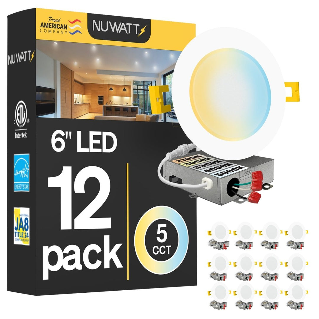 6" Inch Canless Recessed Lighting Slim LED Wafer Lights - Wet Rated - 5CCT 2700K-5000K - 1050LM