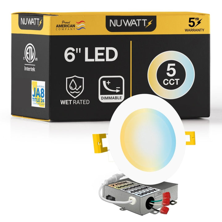 6" Inch Canless Recessed Lighting Slim LED Wafer Lights - Wet Rated - 5CCT 2700K-5000K - 1050LM