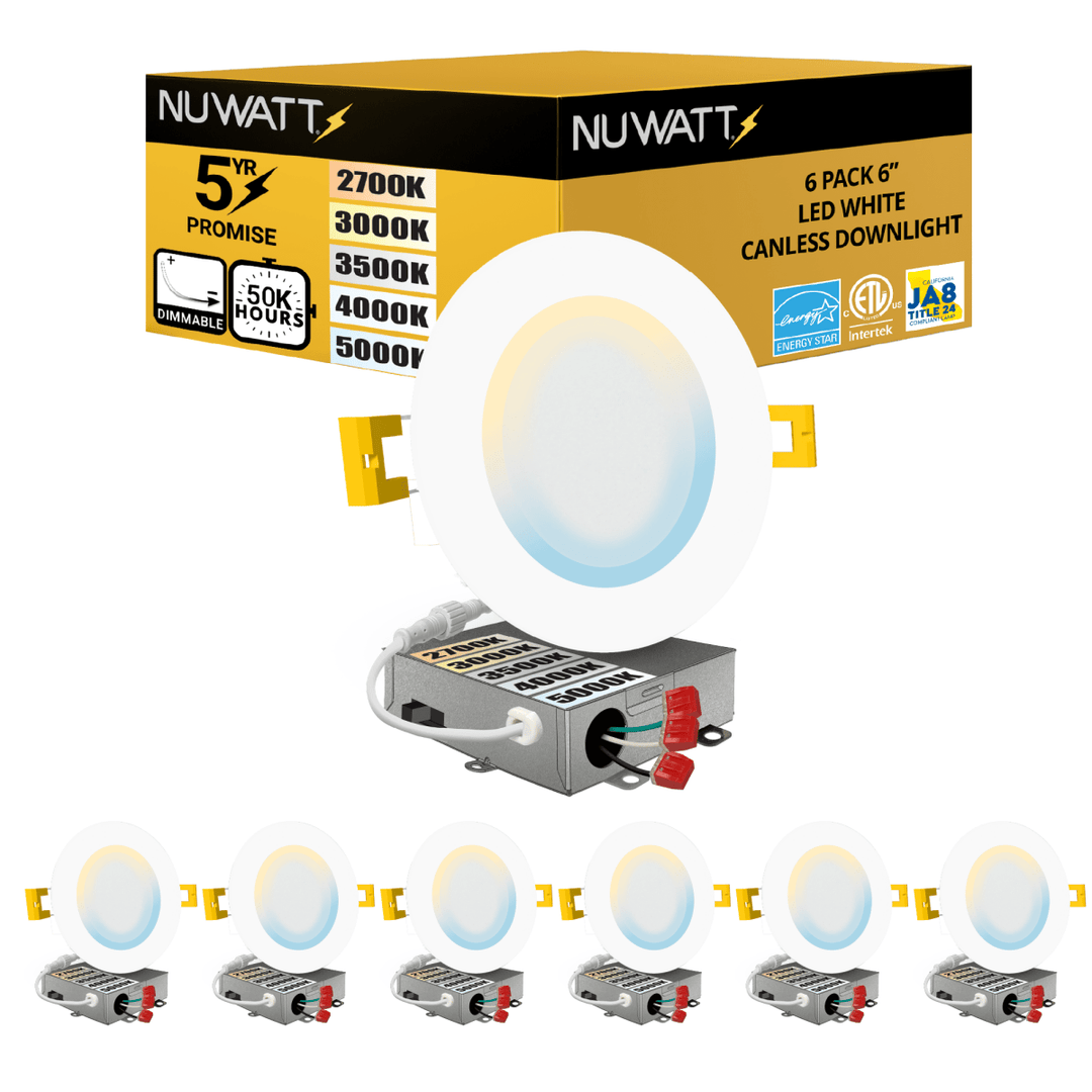 6" Inch Canless Recessed Lighting Slim LED Wafer Lights - Wet Rated - 5CCT 2700K-5000K - 1050LM
