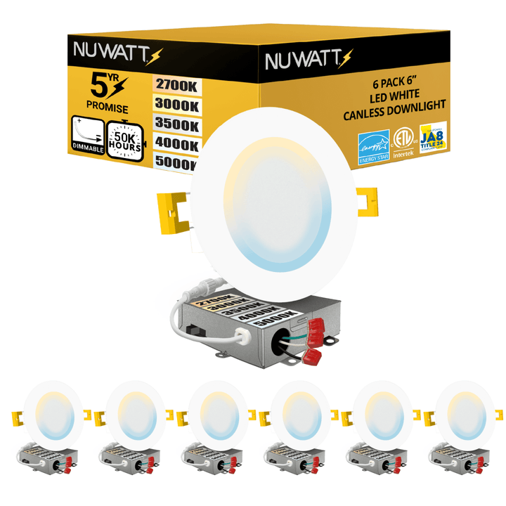 6" Inch Canless Recessed Lighting Slim LED Wafer Lights - Wet Rated - 5CCT 2700K-5000K - 1050LM