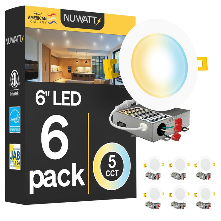 6" Inch Canless Recessed Lighting Slim LED Wafer Lights - Wet Rated - 5CCT 2700K-5000K - 1050LM