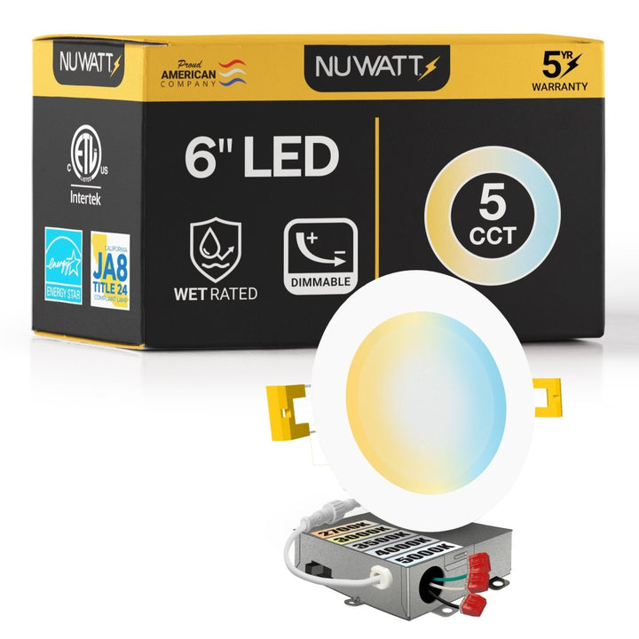 6" Inch Canless Recessed Lighting Slim LED Wafer Lights - Wet Rated - 5CCT 2700K-5000K - 1050LM