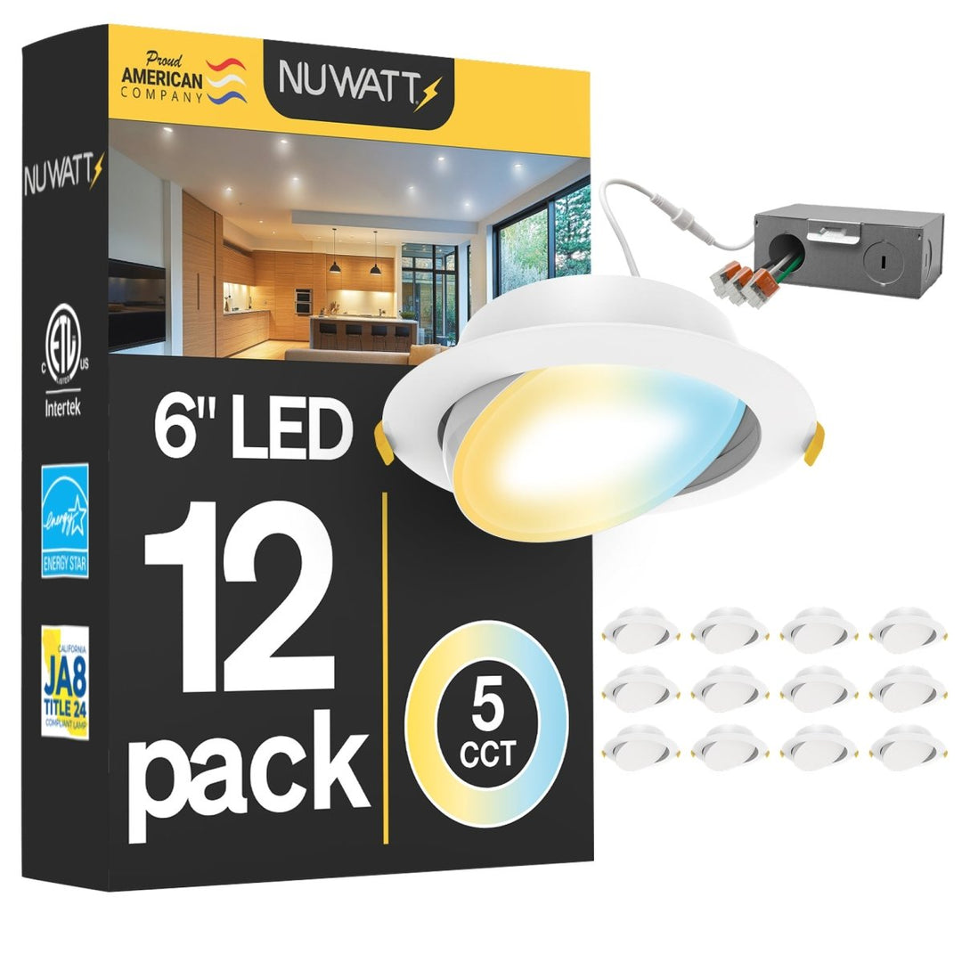 6" Inch Gimbal Recessed Light for Sloped Ceiling Canless LED Lighting - Damp Rated - 5CCT 2700K-5000K - 1200LM - 12W