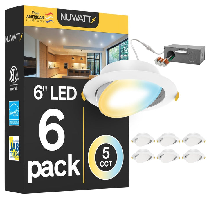 6" Inch Gimbal Recessed Light for Sloped Ceiling Canless LED Lighting - Damp Rated - 5CCT 2700K-5000K - 1200LM - 12W