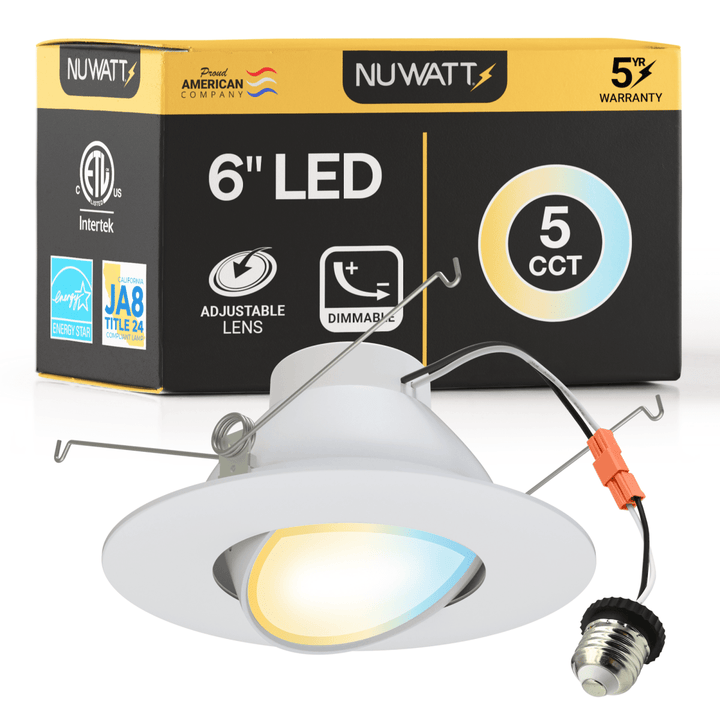 6 Inch LED Gimbal Recessed Lighting for Sloped Ceilings - 5CCT 2700-5000K - 1200LM - CRI 90 Adjustable Can Lights - 16W - Wet Rated - Aluminum Housing