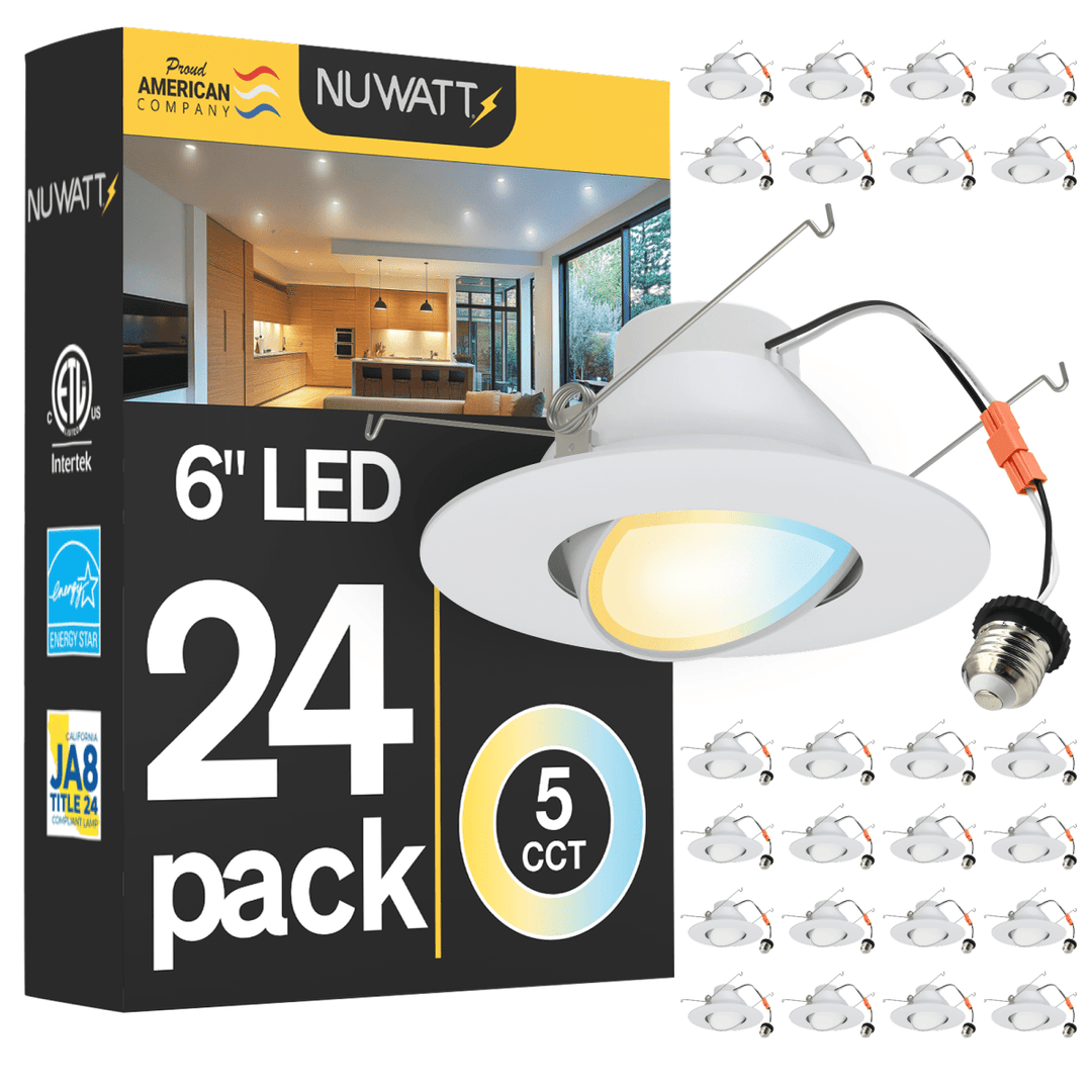 6 Inch LED Gimbal Recessed Lighting for Sloped Ceilings - 5CCT 2700-5000K - 1200LM - CRI 90 Adjustable Can Lights - 16W - Wet Rated - Aluminum Housing